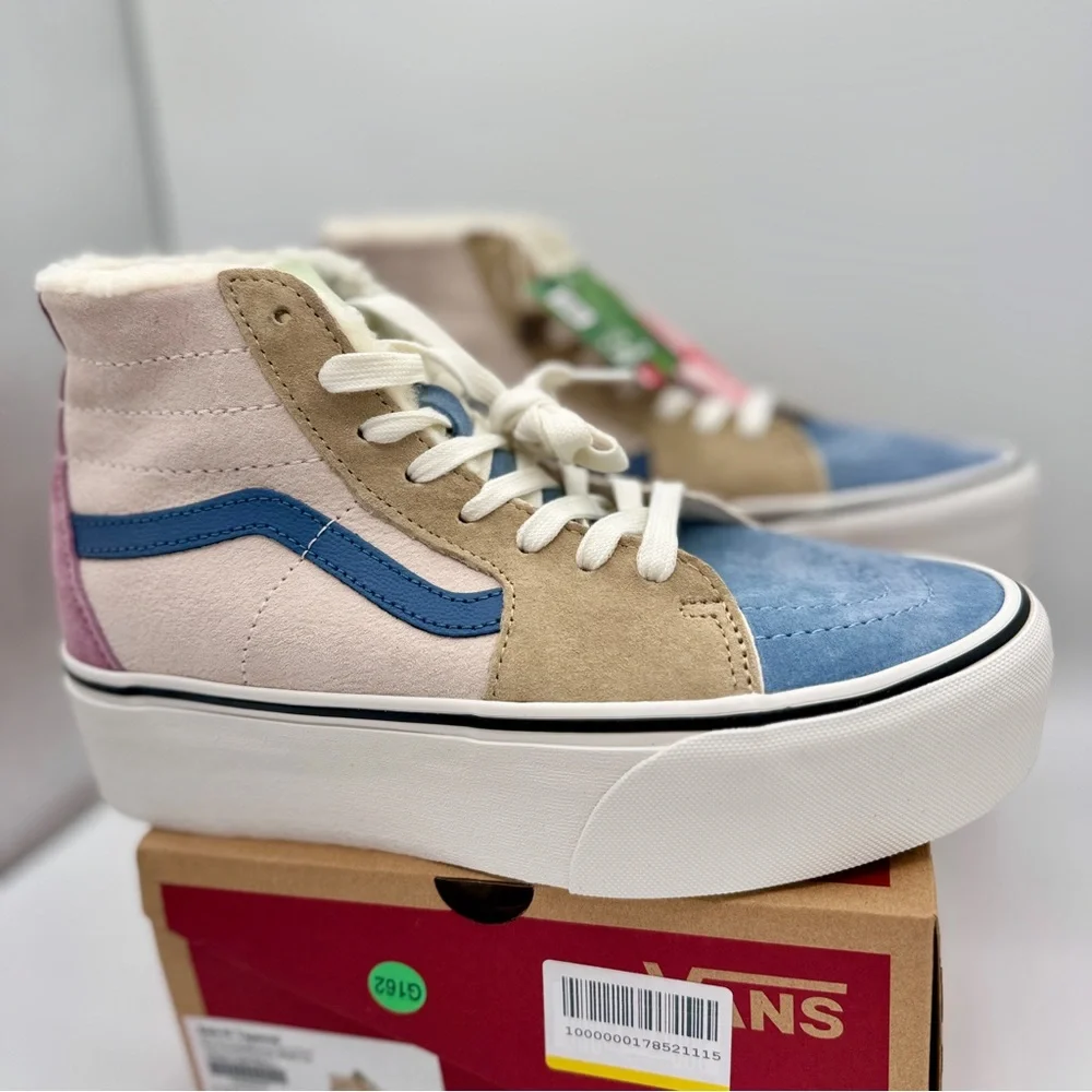 NWT Vans Sk8 Hi Pig Suede Multi Sherpa platform sneakers pink blue tan unisex - Picture 3 of 15